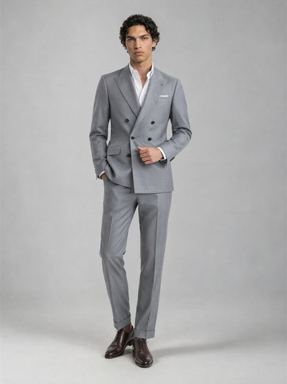 Savile GA0078 mid grey wool suit – upper body front view showing peak lapel, six-button double-breasted closure and white pocket square detail