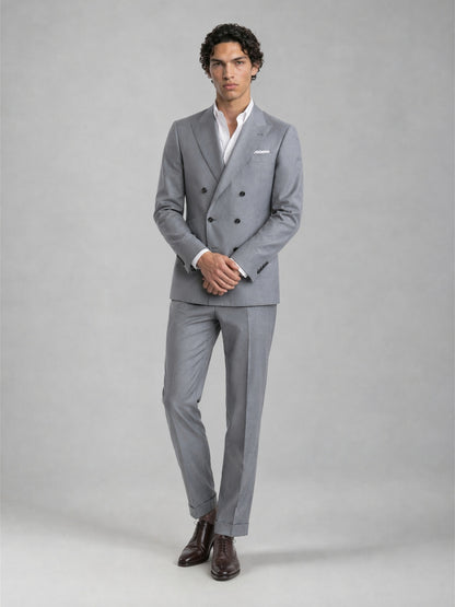 Savile GA0078 mid grey double-breasted 2-piece suit – full body front view, hands clasped showing slim silhouette and turn-up trouser cuffs