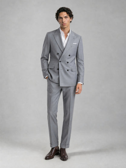 Savile GA0078 mid grey wool suit set – back three-quarter view showing clean center vent, button cuffs and slim turn-up trouser silhouette