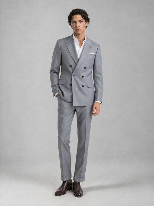 Savile GA0078 mid grey wool suit set – back three-quarter view showing clean center vent, button cuffs and slim turn-up trouser silhouette