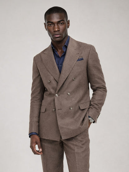 Savile GA0079 mocha brown linen double-breasted suit – full body front view, arms crossed with dark brown suede loafers and navy open-collar shirt