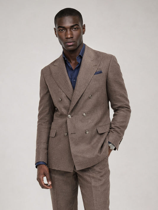 Savile GA0079 mocha brown linen double-breasted suit – full body front view, arms crossed with dark brown suede loafers and navy open-collar shirt