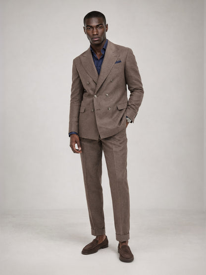 Savile GA0079 mocha brown linen suit – upper body front view showing peak lapel, six-button double-breasted closure, navy shirt and navy pocket square detail