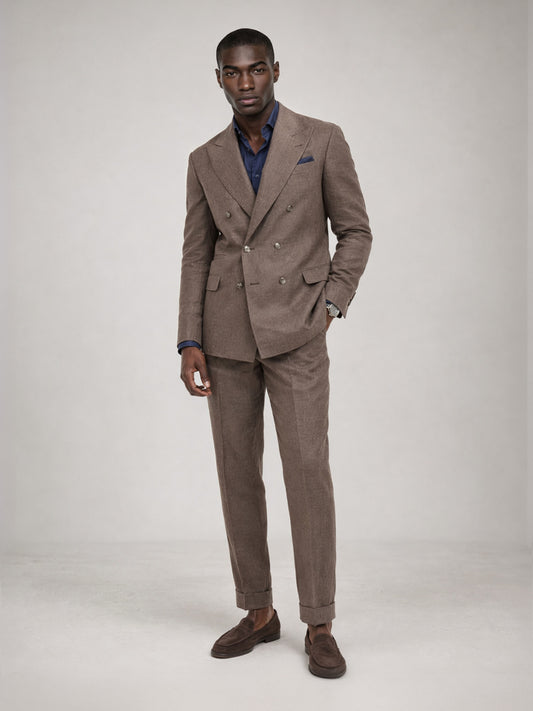 Savile GA0079 mocha brown linen suit – upper body front view showing peak lapel, six-button double-breasted closure, navy shirt and navy pocket square detail