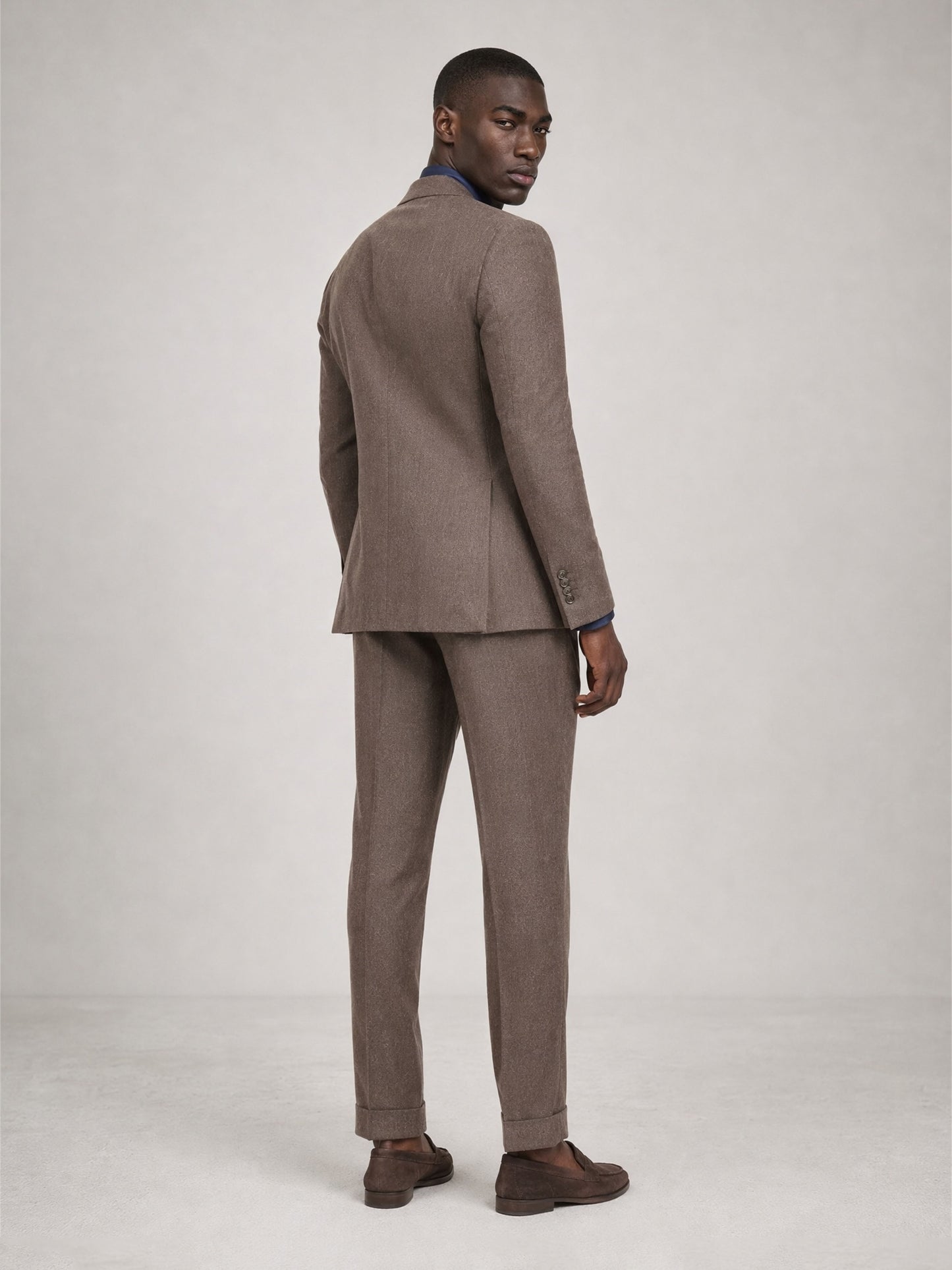 Savile GA0079 mocha brown double-breasted suit – full body front view, natural standing pose showing complete Italian tailoring silhouette