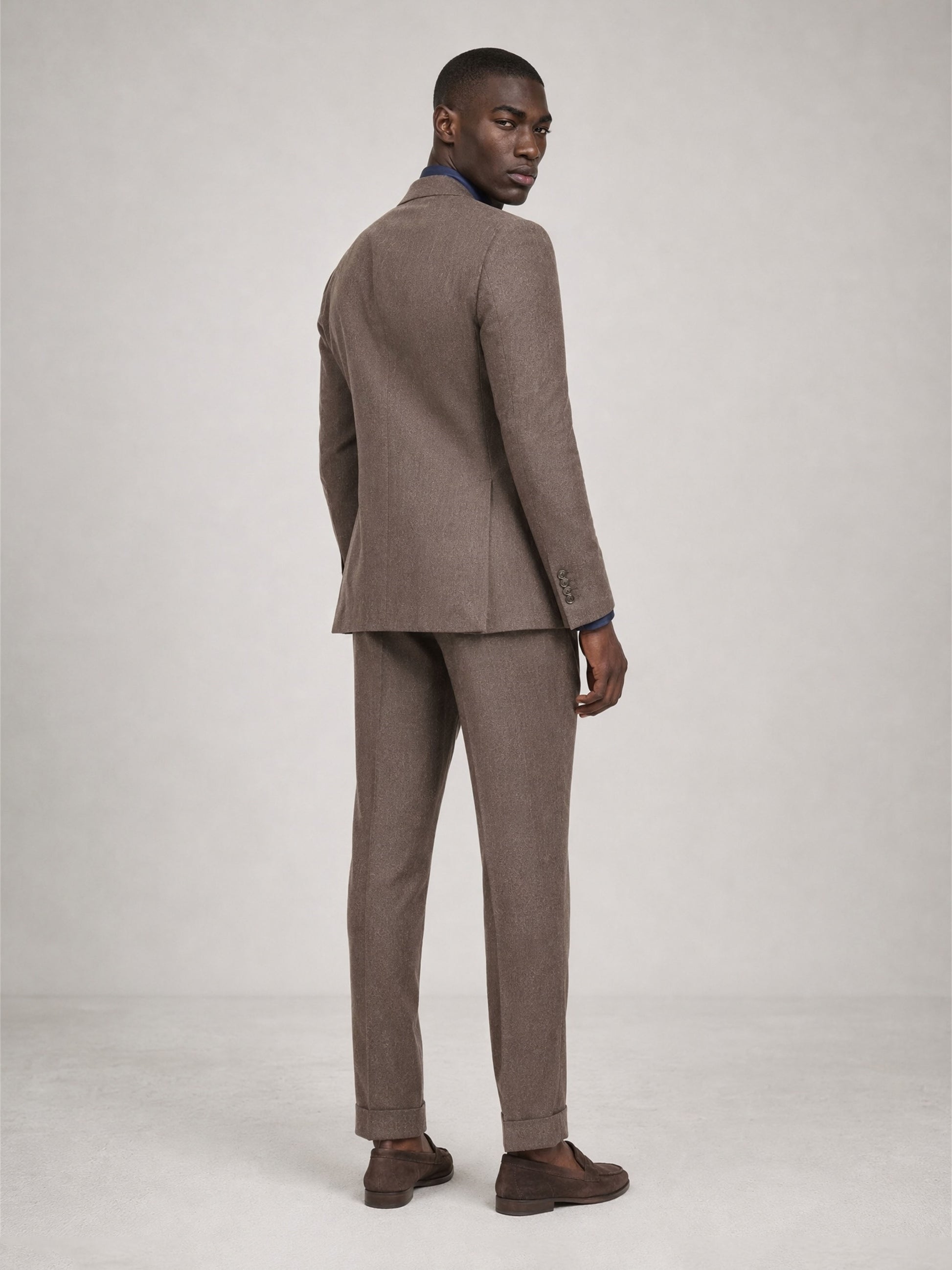 Savile GA0079 mocha brown double-breasted suit – full body front view, natural standing pose showing complete Italian tailoring silhouette