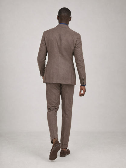 Savile GA0079 mocha brown linen suit set – back three-quarter view showing center vent, structured peak lapel shoulders and turn-up trouser drape