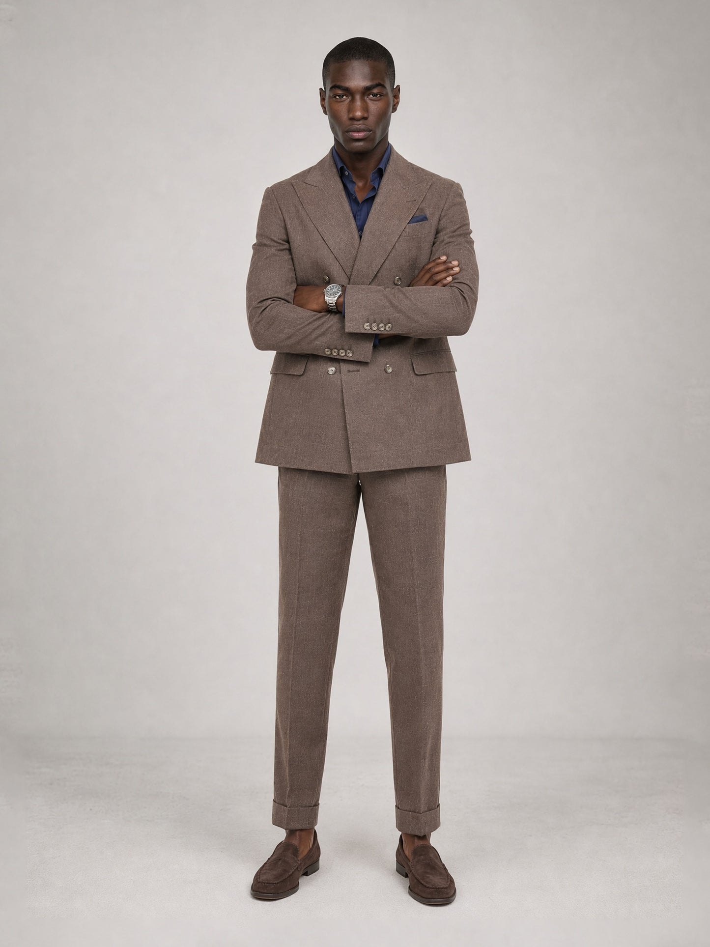 Savile GA0079 mocha brown linen double-breasted suit – back walking dynamic pose showing natural drape, movement and Italian tailoring silhouette