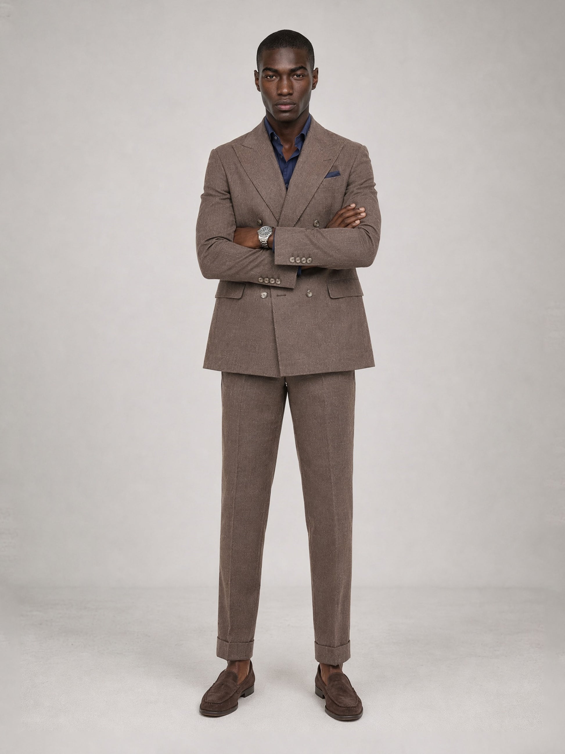 Savile GA0079 mocha brown linen double-breasted suit – back walking dynamic pose showing natural drape, movement and Italian tailoring silhouette