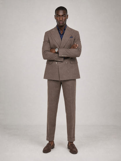 Savile GA0079 mocha brown linen double-breasted suit – back walking dynamic pose showing natural drape, movement and Italian tailoring silhouette