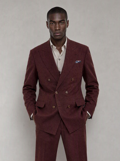 Savile GA0080 burgundy double-breasted suit – full body front view, hands in pockets with brown suede chelsea boots and cream open-collar shirt