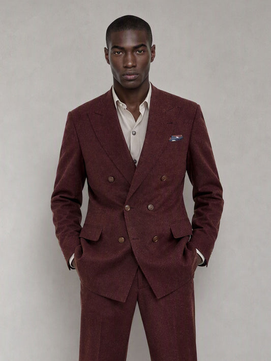 Savile GA0080 burgundy double-breasted suit – full body front view, hands in pockets with brown suede chelsea boots and cream open-collar shirt