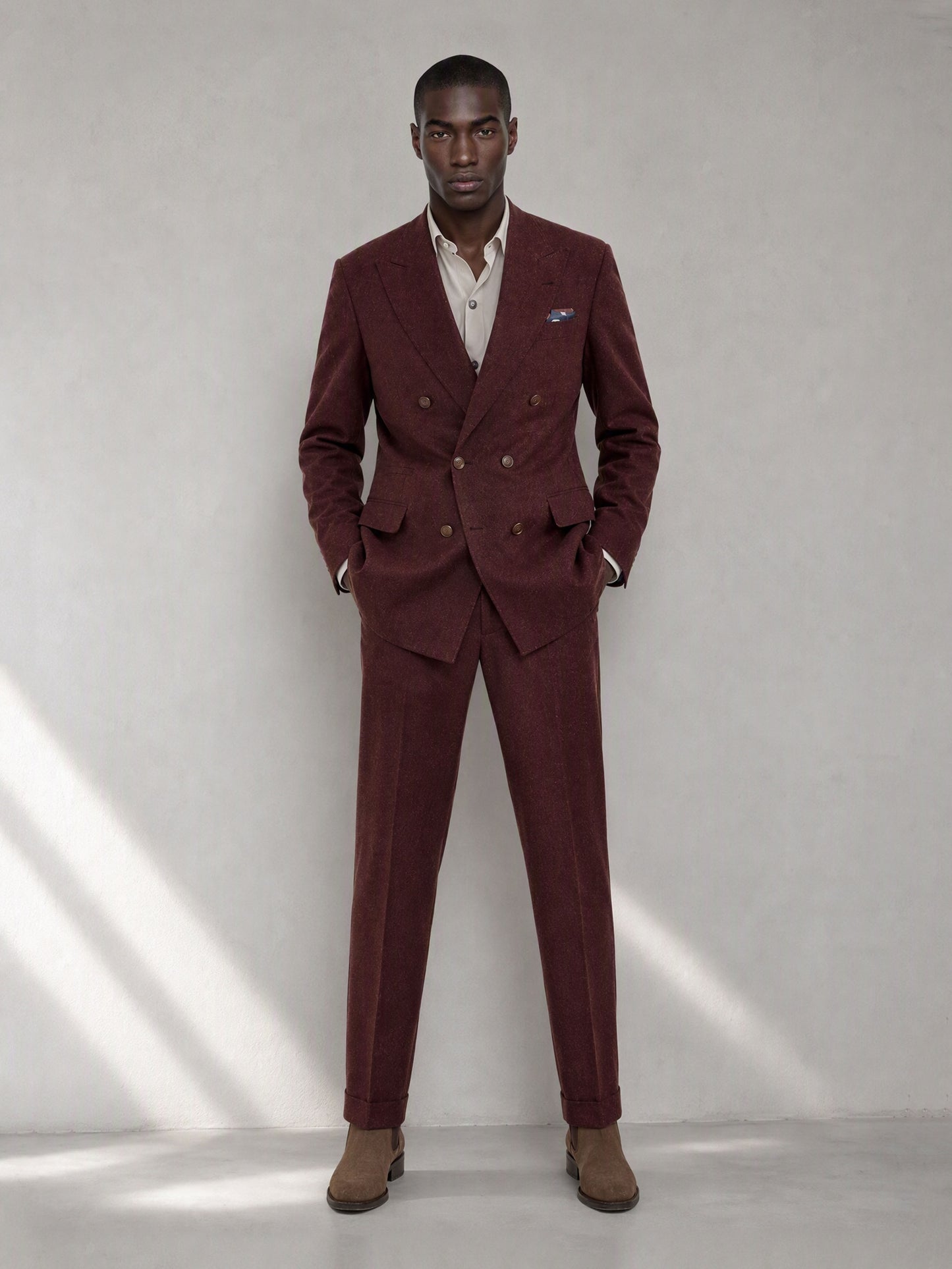 Savile GA0080 burgundy wool-blend suit set – full body front view, both hands in pockets showing complete Italian tailoring silhouette