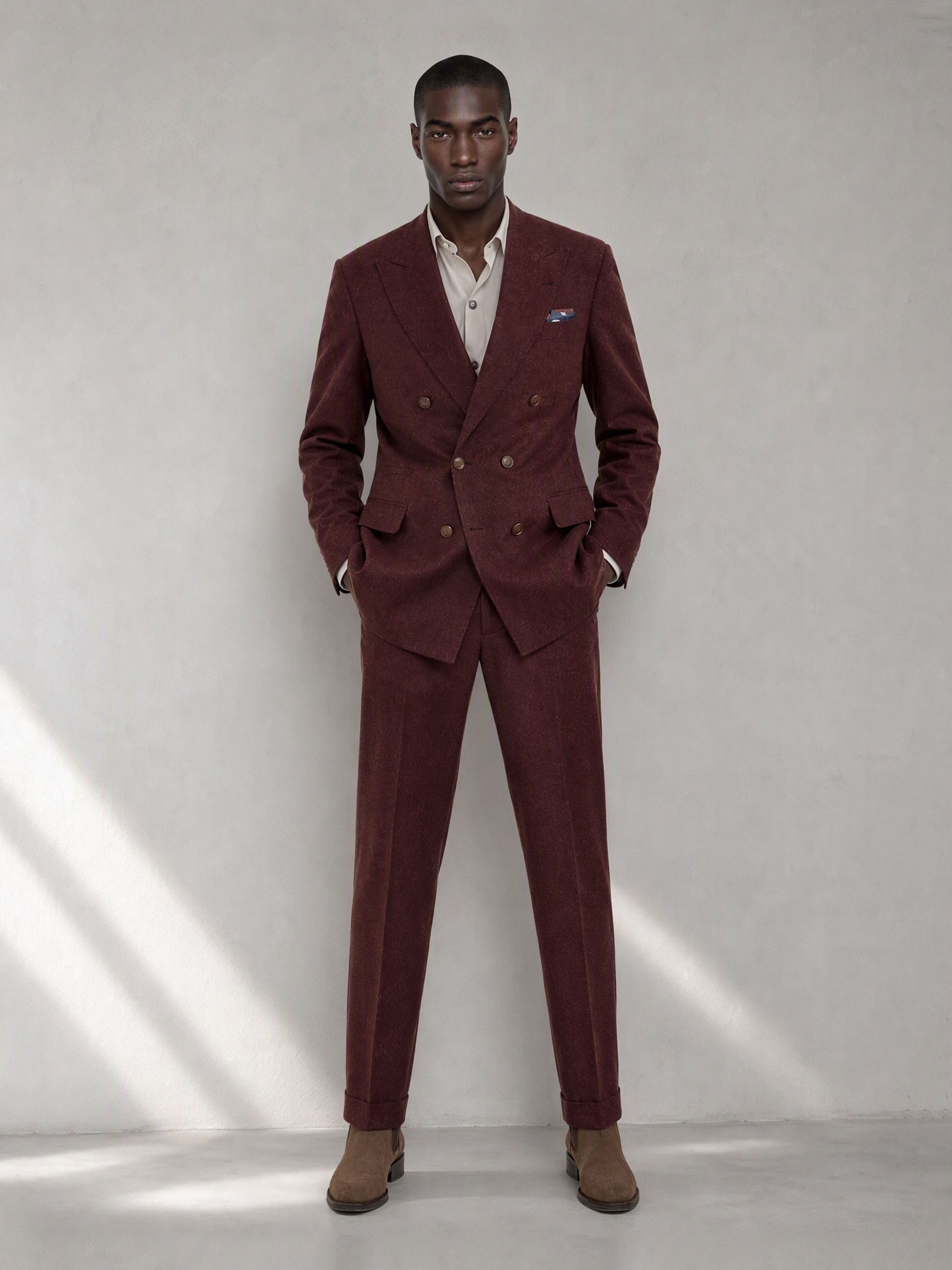 Savile GA0080 burgundy wool-blend suit set – full body front view, both hands in pockets showing complete Italian tailoring silhouette
