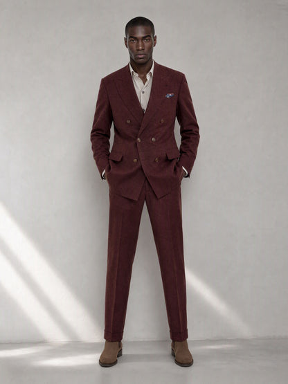 Savile GA0080 burgundy wool-blend suit set – full body front view, both hands in pockets showing complete Italian tailoring silhouette
