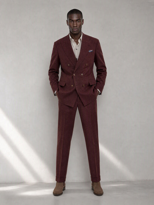 Savile GA0080 burgundy wool-blend suit set – full body front view, both hands in pockets showing complete Italian tailoring silhouette
