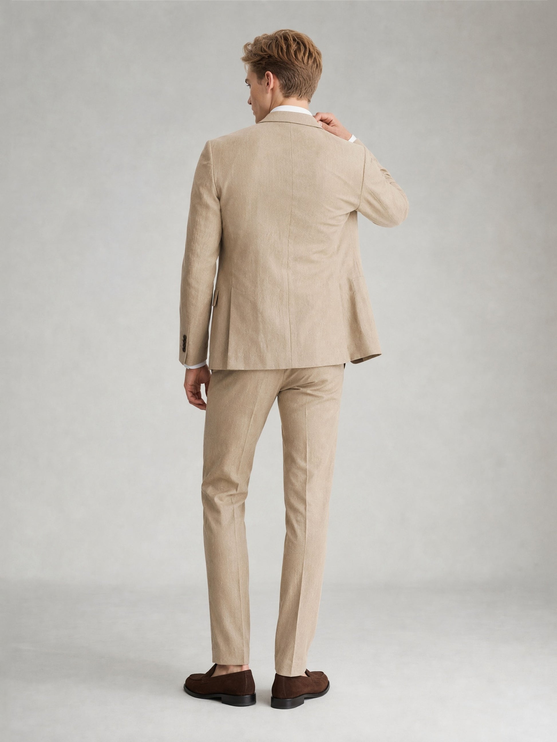 Savile GA0081 sand khaki linen 2-piece suit set – additional full body front view showing versatile warm-weather elegance and slim fit profile