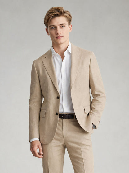 Savile GA0081 sand khaki linen suit – upper body front view showing notch lapel, two-button closure and white open-collar shirt layering
