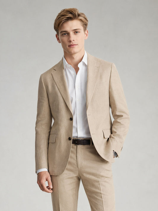 Savile GA0081 sand khaki linen suit – upper body front view showing notch lapel, two-button closure and white open-collar shirt layering