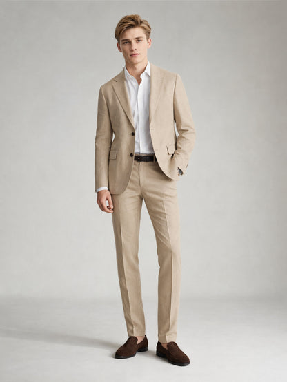 Savile GA0081 sand khaki linen 2-piece suit set – full body front view, natural standing pose with dark brown suede loafers and brown leather belt