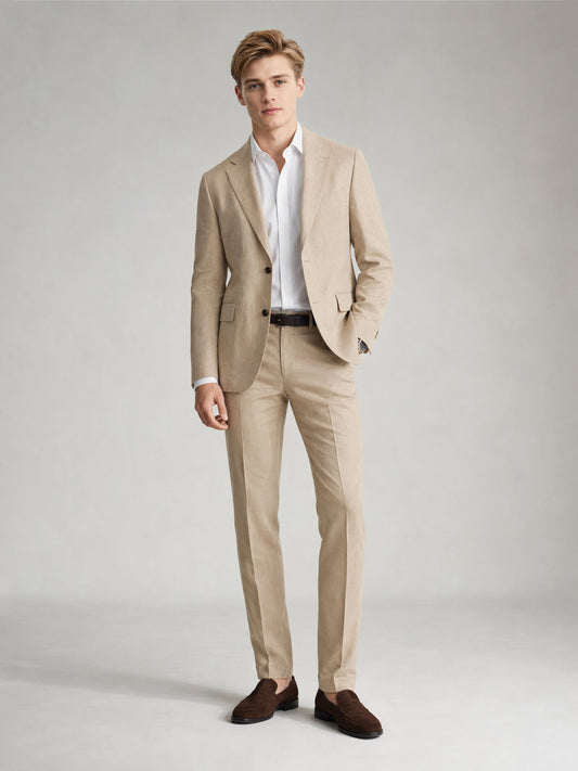 Savile GA0081 sand khaki linen 2-piece suit set – full body front view, natural standing pose with dark brown suede loafers and brown leather belt