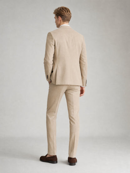 Savile GA0081 sand khaki linen suit set – back view, natural standing pose showing side vents, structured shoulders and slim trouser drape