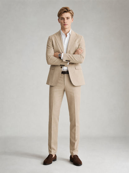 Savile GA0081 sand khaki linen suit – full body front view, arms crossed showing structured notch lapel silhouette and complete Italian tailoring look