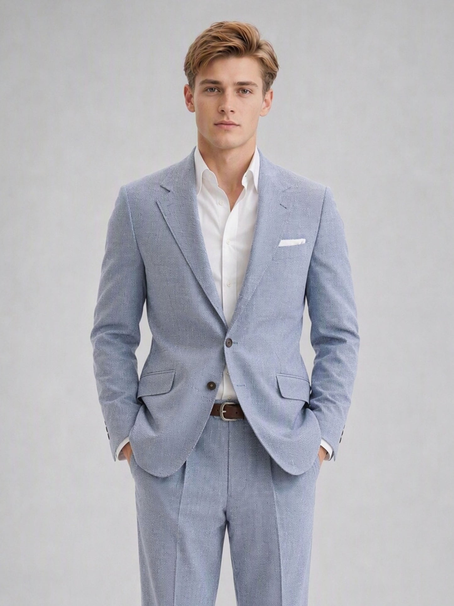 Savile GA0082 powder blue linen 2-piece suit set – full body front view, hands in pockets with white sneakers showing turn-up trouser cuffs and slim silhouette