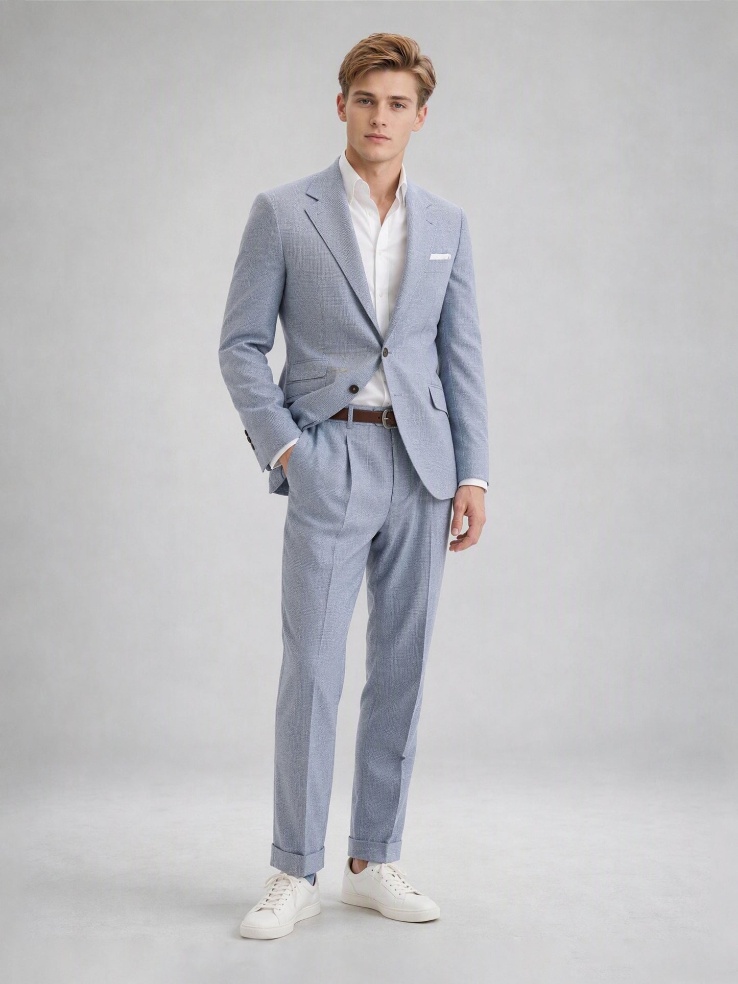 Savile GA0082 powder blue linen suit – upper body front view showing single-button peak lapel, white open-collar shirt and white pocket square detail
