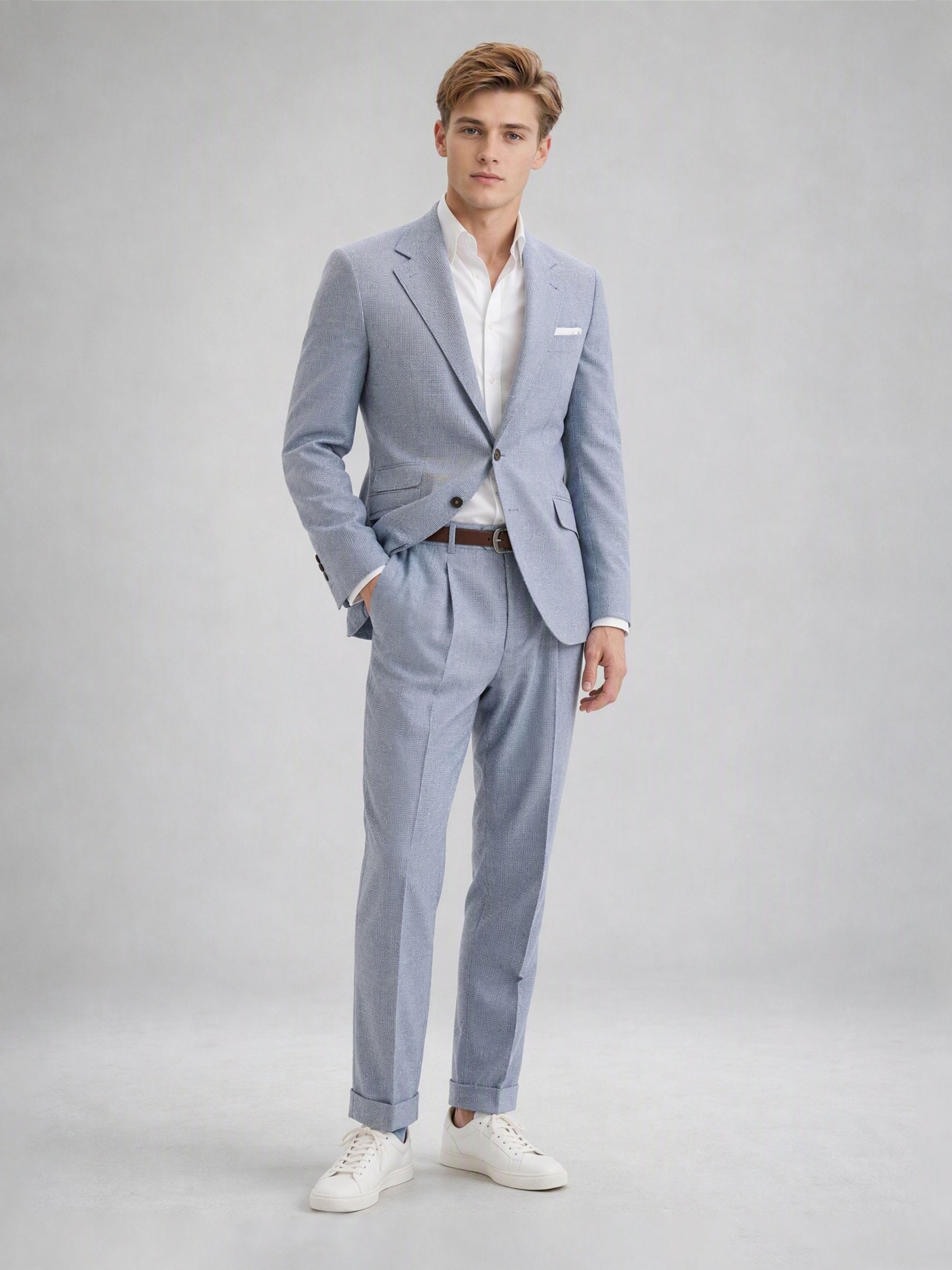 Savile GA0082 powder blue linen suit – upper body front view showing single-button peak lapel, white open-collar shirt and white pocket square detail