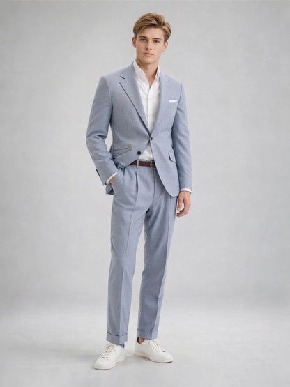 Savile GA0082 powder blue linen suit – upper body front view showing single-button peak lapel, white open-collar shirt and white pocket square detail