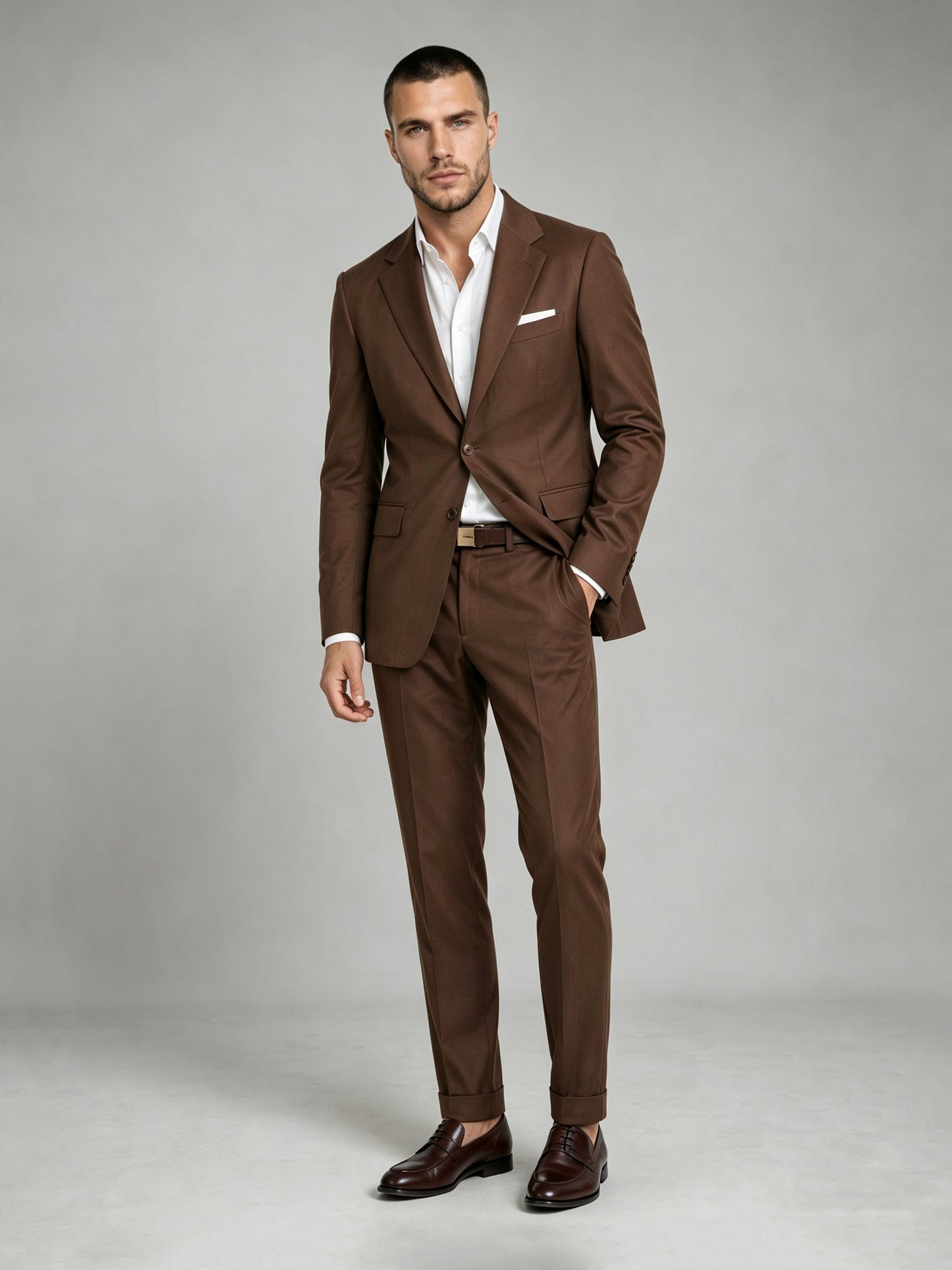 Savile GA0083 chocolate brown wool suit – upper body front view showing notch lapel, two-button closure, white open-collar shirt and white pocket square