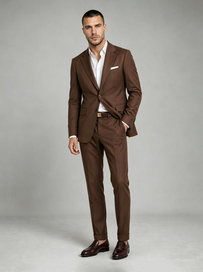 Savile GA0083 chocolate brown wool suit – upper body front view showing notch lapel, two-button closure, white open-collar shirt and white pocket square