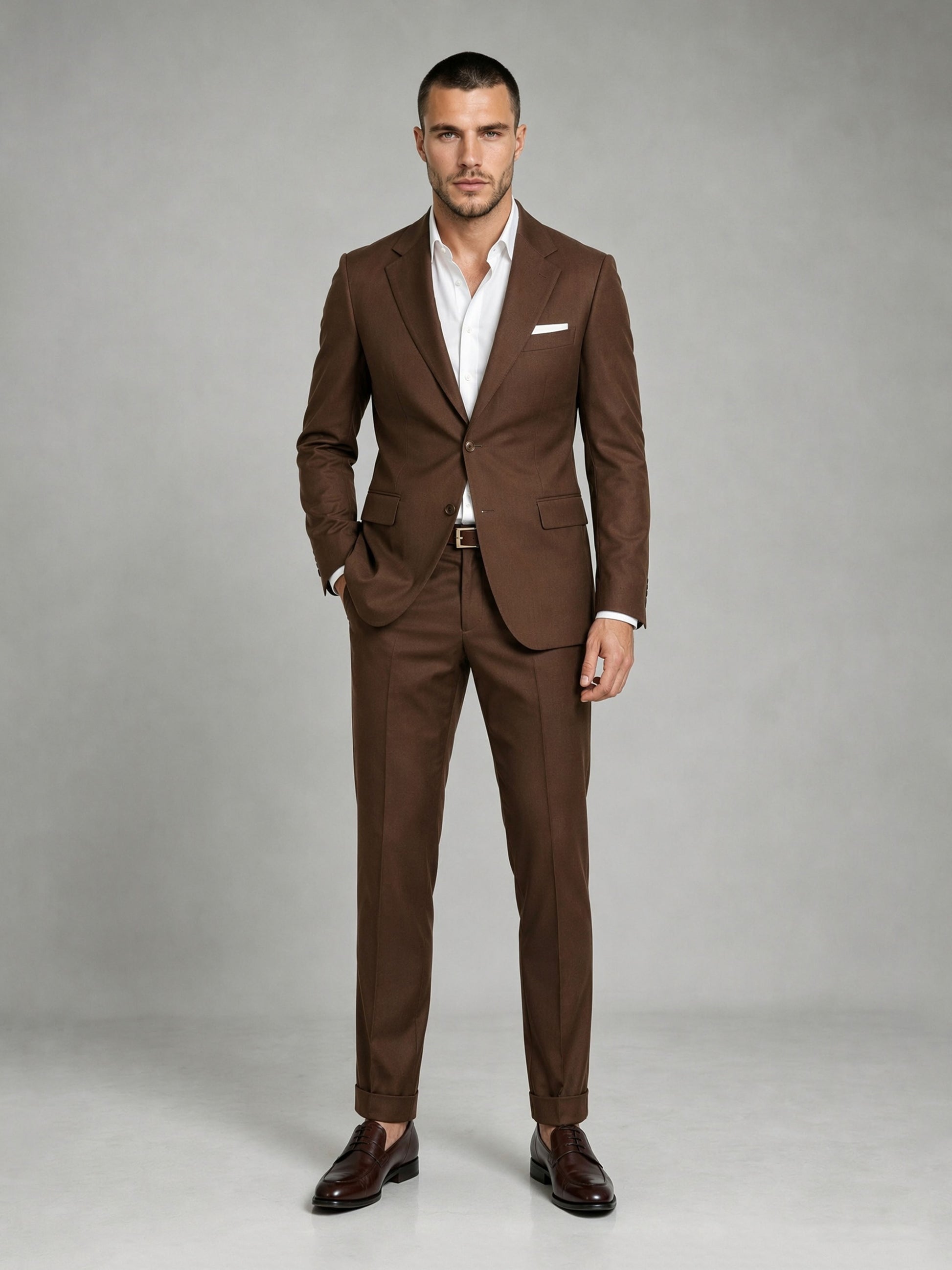 Savile GA0083 chocolate brown 2-piece suit set – full body front view, natural standing pose with dark brown penny loafers and turn-up trouser cuffs