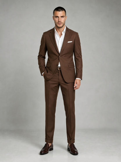Savile GA0083 chocolate brown 2-piece suit set – full body front view, natural standing pose with dark brown penny loafers and turn-up trouser cuffs