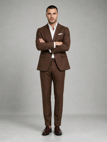 Savile GA0083 chocolate brown suit set – back view showing side vents, structured notch lapel shoulders and slim turn-up trouser drape