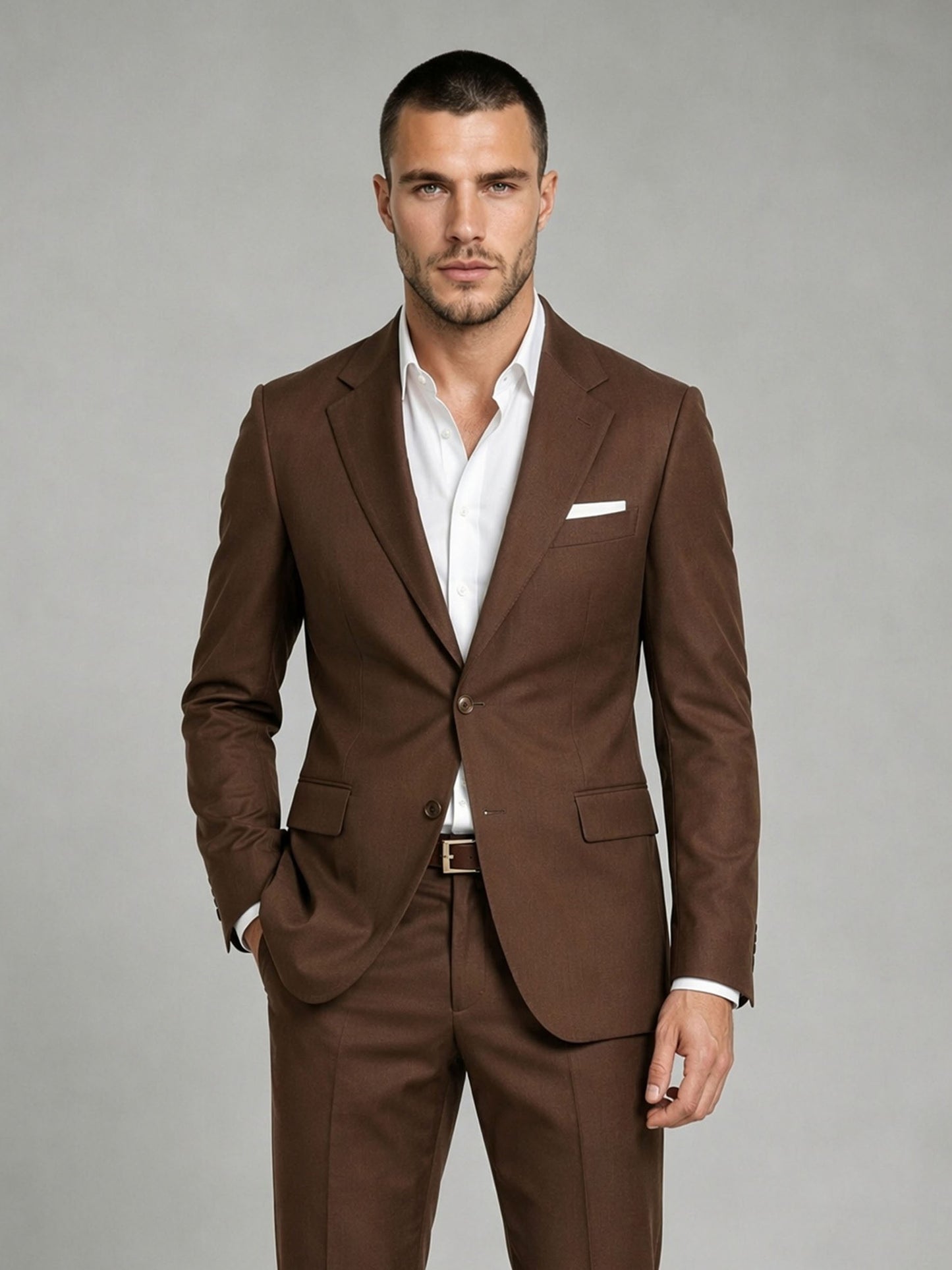 Savile GA0083 chocolate brown wool 2-piece suit – full body front view, arms crossed showing structured notch lapel silhouette and slim turn-up trouser drape