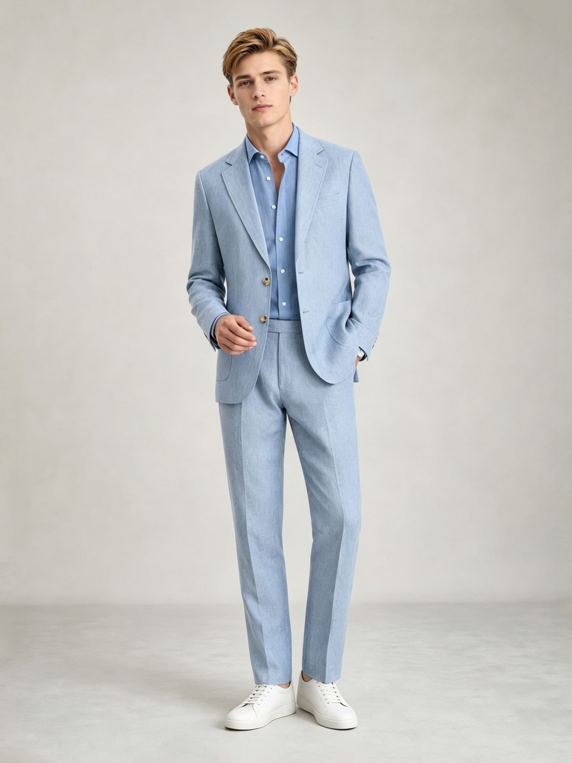 Savile GA0084 ice blue linen suit – upper body front view showing notch lapel, two gold-tone buttons, tonal blue open-collar shirt and patch pocket detail