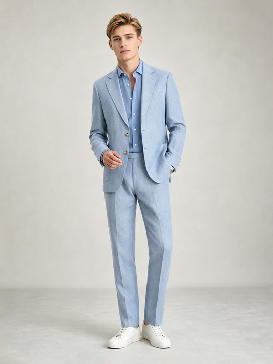 Savile GA0084 ice blue linen suit – upper body front view showing notch lapel, two gold-tone buttons, tonal blue open-collar shirt and patch pocket detail