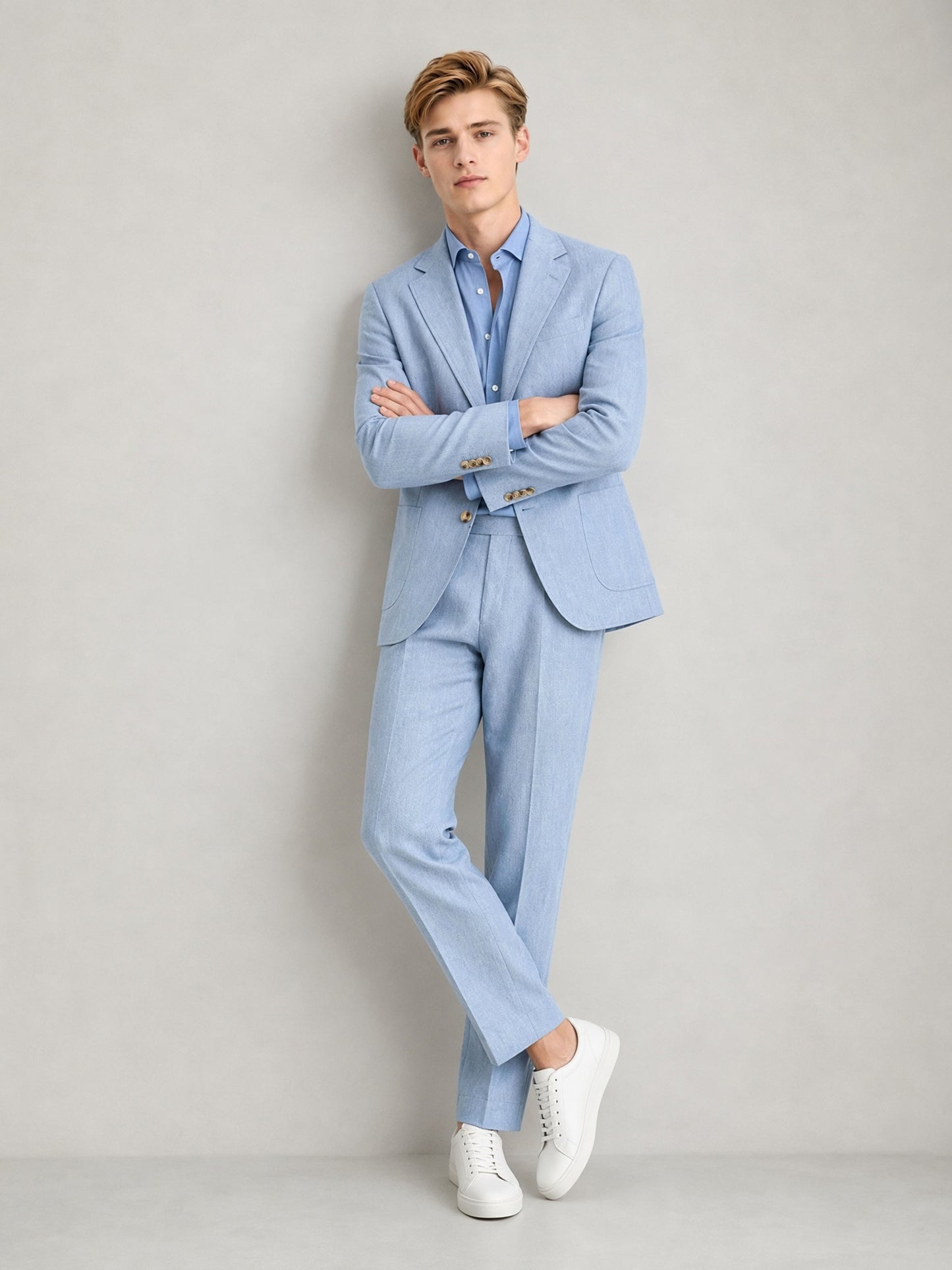 Savile GA0084 ice blue linen 2-piece suit set – full body front view, natural standing pose with white leather sneakers and tonal blue shirt