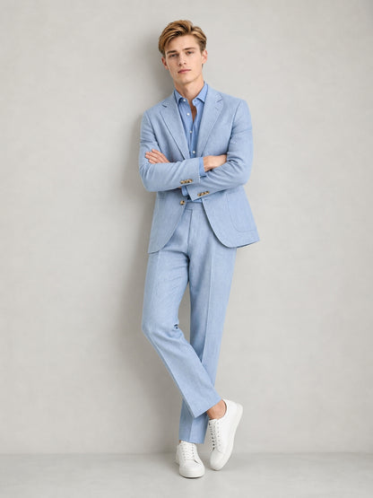 Savile GA0084 ice blue linen 2-piece suit set – full body front view, natural standing pose with white leather sneakers and tonal blue shirt