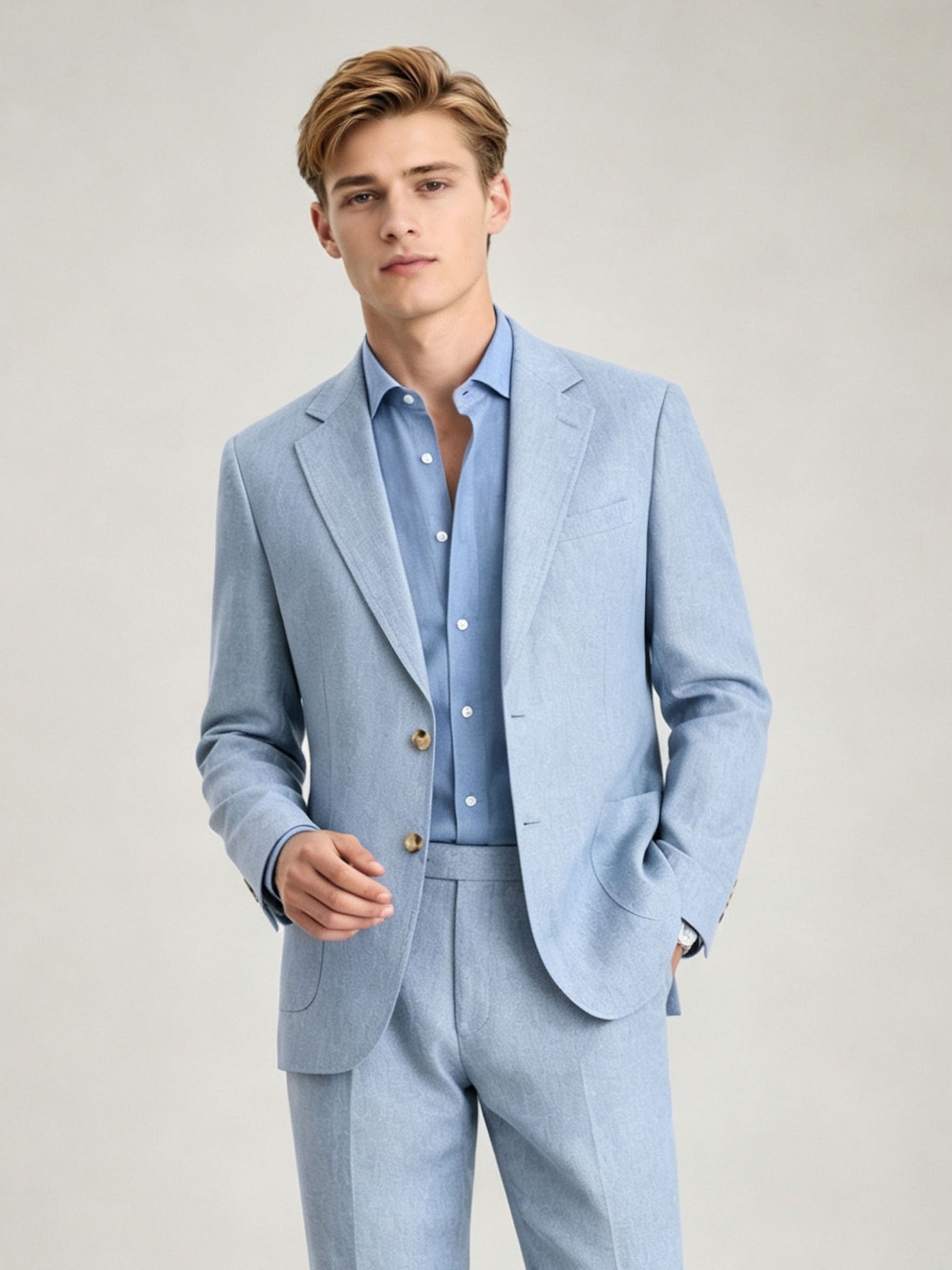 Savile GA0084 ice blue linen 2-piece suit – full body three-quarter side pose, hands in pockets showing complete Italian tailoring silhouette and gold button cuffs