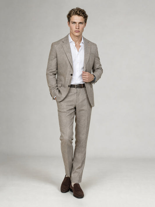 Savile GA0085 oatmeal glen plaid linen suit – upper body front view showing notch lapel, two-button closure, glen plaid check detail and white open-collar shirt