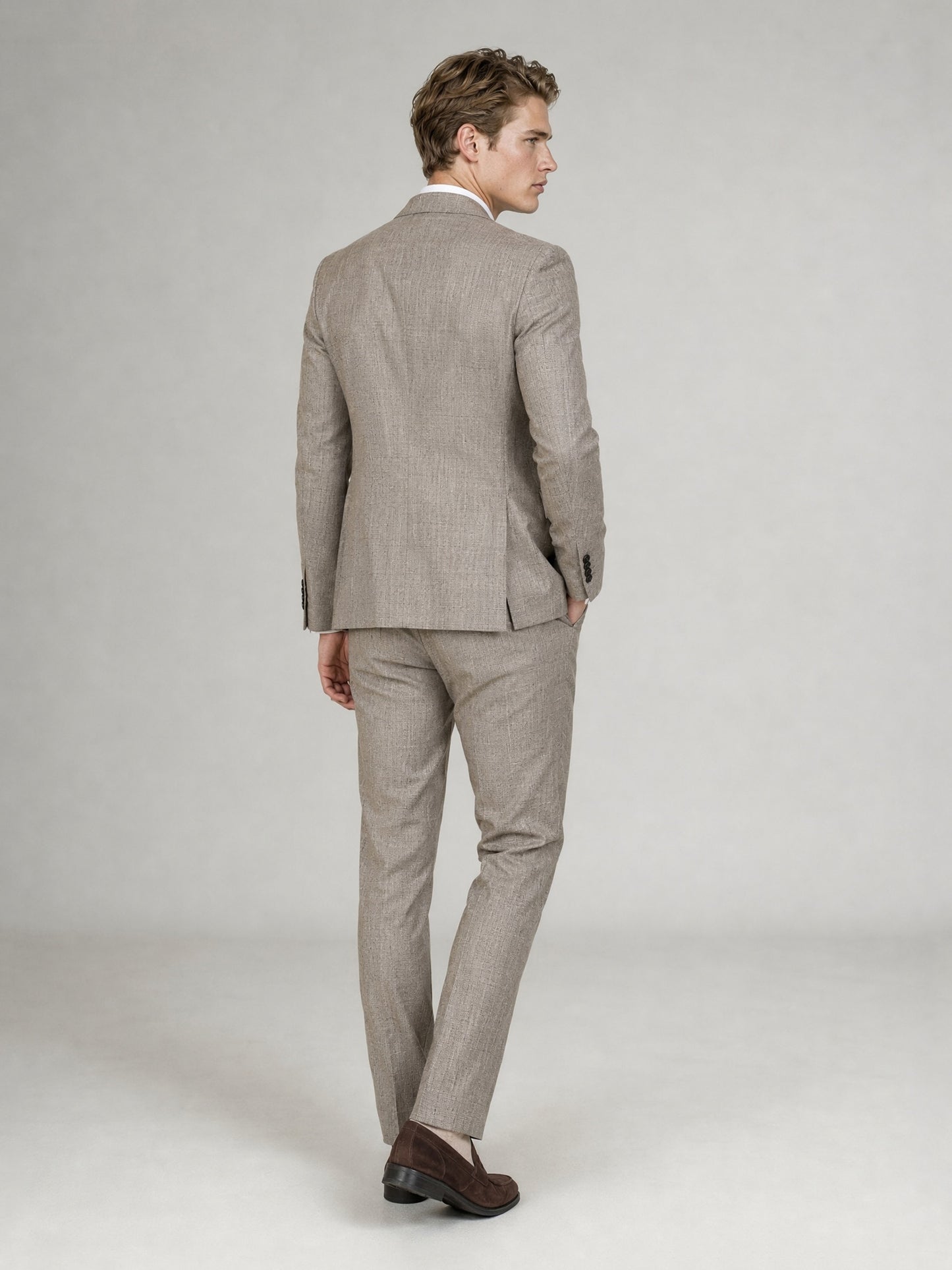 Savile GA0085 oatmeal glen plaid linen 2-piece suit set – full body front view, natural standing pose with dark brown suede penny loafers and brown leather belt