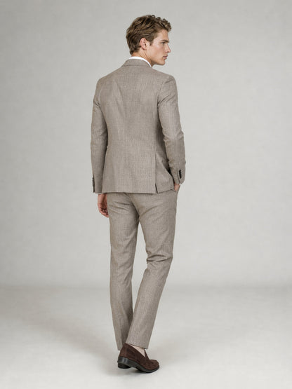 Savile GA0085 oatmeal glen plaid linen 2-piece suit set – full body front view, natural standing pose with dark brown suede penny loafers and brown leather belt