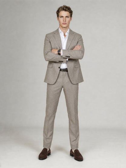 Savile GA0085 oatmeal glen plaid suit set – back view, walking pose showing side vents, structured shoulders and slim trouser silhouette with dark brown loafers