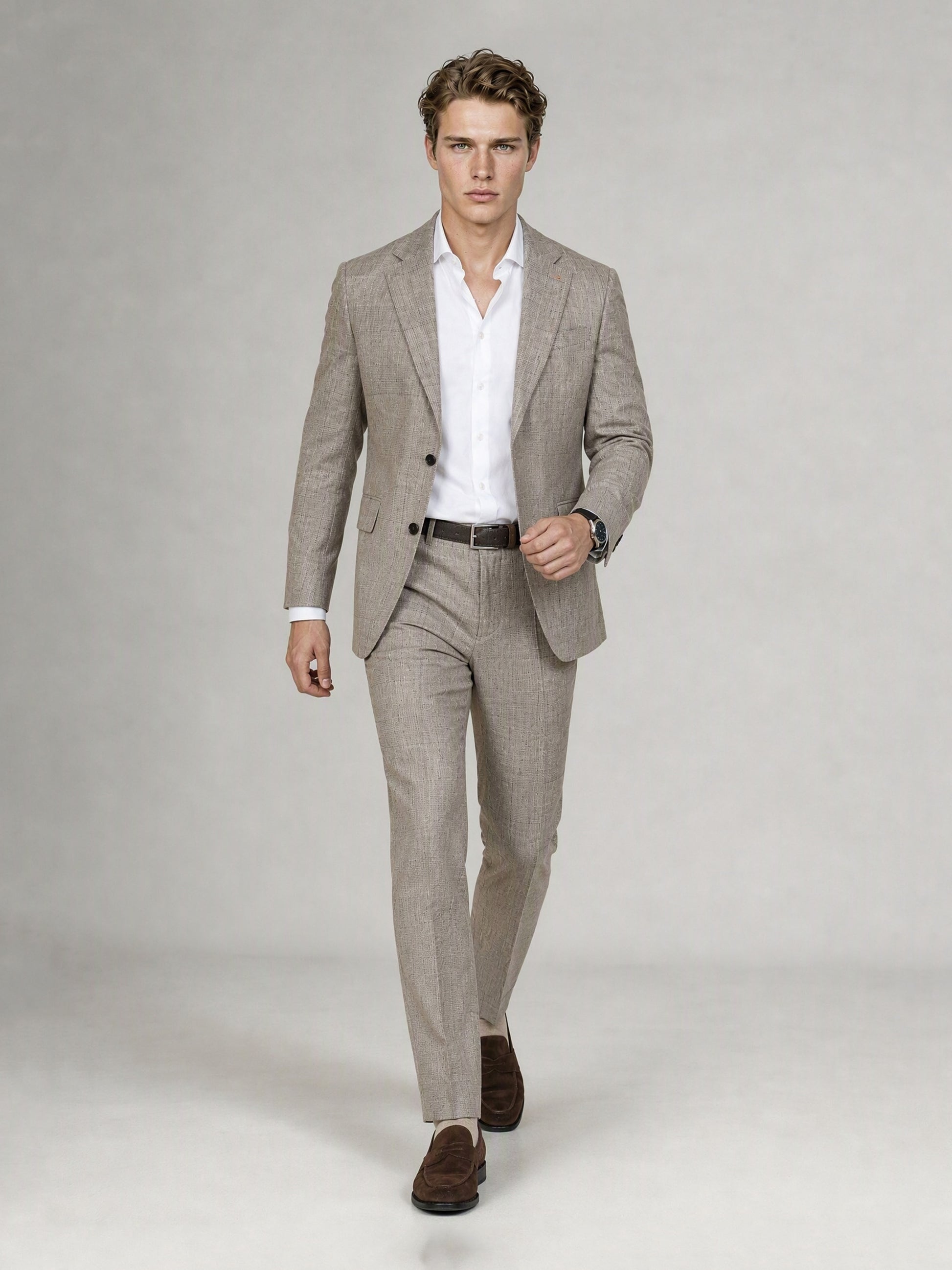 Savile GA0085 oatmeal glen plaid linen suit – full body front view, arms crossed showing structured notch lapel silhouette and slim trouser drape