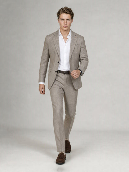 Savile GA0085 oatmeal glen plaid linen suit – full body front view, arms crossed showing structured notch lapel silhouette and slim trouser drape