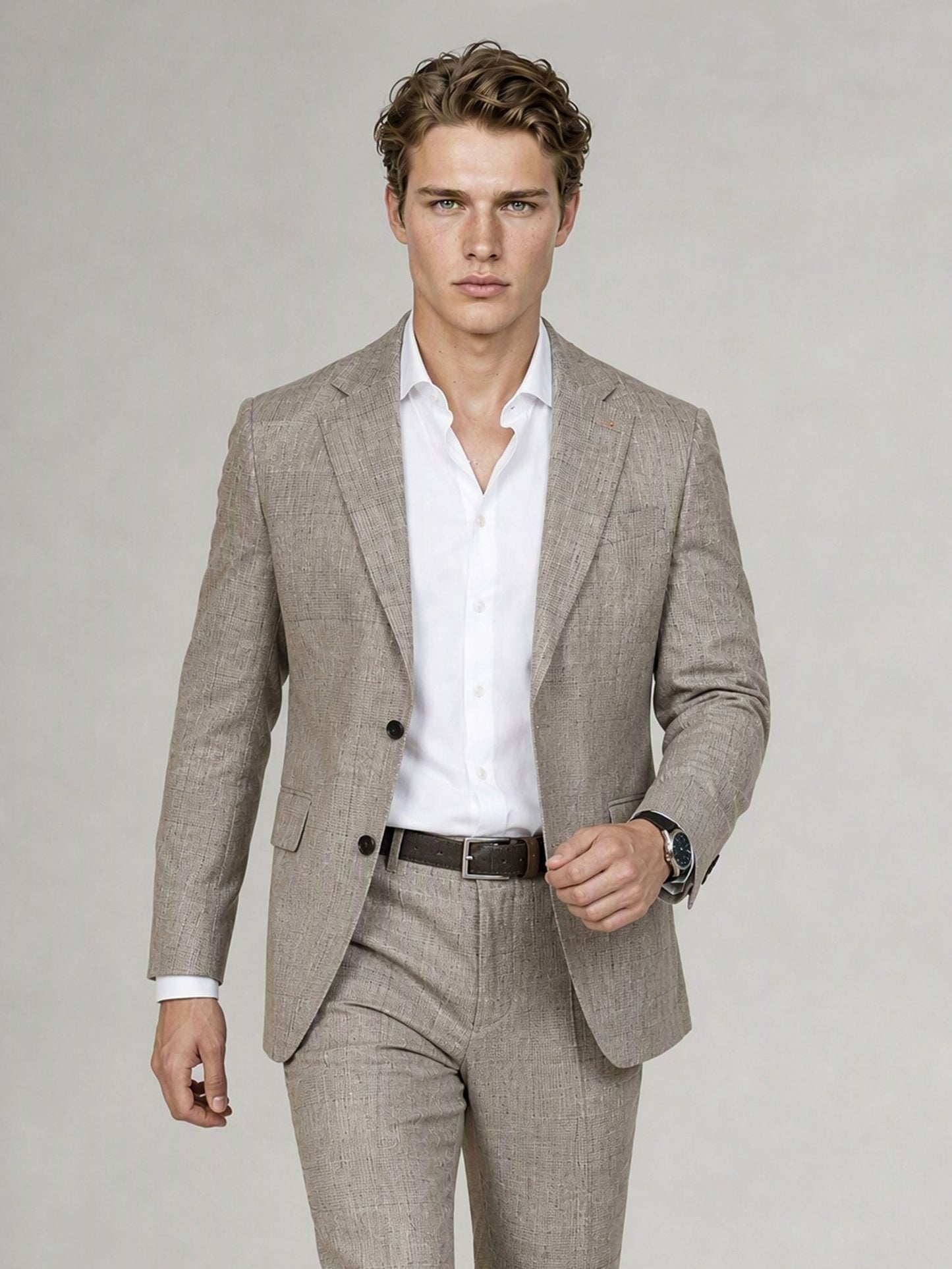Savile GA0085 oatmeal glen plaid linen 2-piece suit – full body dynamic walking pose showing natural drape, movement and Italian tailoring silhouette
