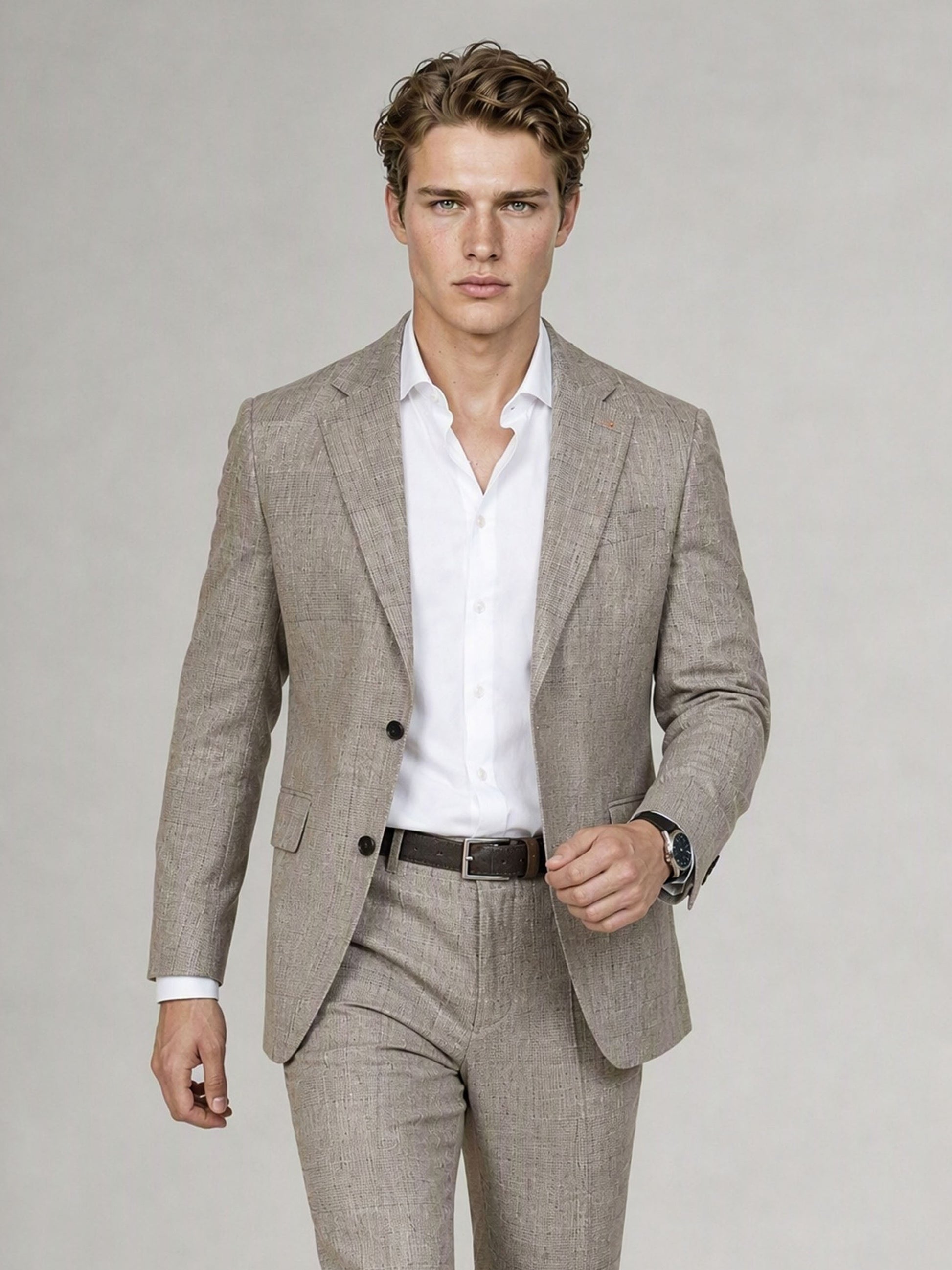 Savile GA0085 oatmeal glen plaid linen 2-piece suit – full body dynamic walking pose showing natural drape, movement and Italian tailoring silhouette